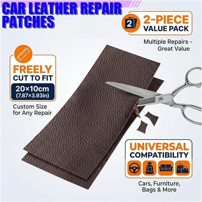 2PCS PU Leather Car Seat Repair Patch, 7.87''×3.93'' Breathable Water-Resistant Repair Tape, Portable Self-Adhesive Vehicle Interior Repairing Tool for Furniture, Couch, Sofa (Brown)