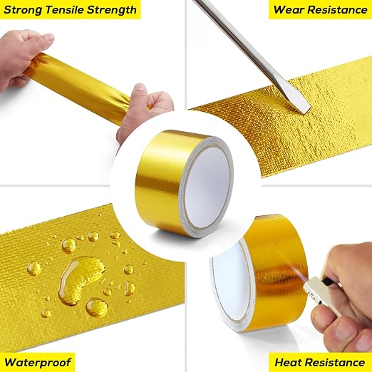 Aluminum Foil Tape, 2in x 33FT Fiberglass Heat Shield Tape, Golden Self-Adhesive Heat ReflectiveTape, Exhaust Heat Resistant Tape, for Hose and Auto Use