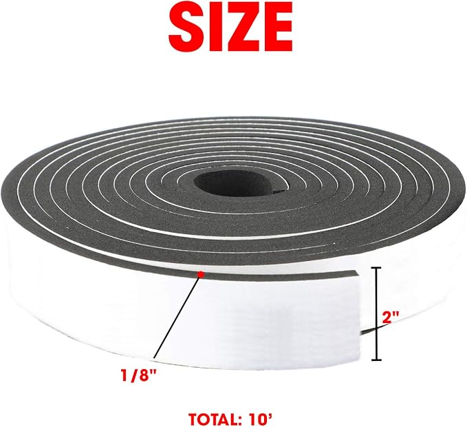 Neoprene Foam Strip Roll By Dualplex, 2" Wide x 10' Long x 1/16" Thick, Weather Seal High Density Stripping with Adhesive Backing – Weather Strip Roll Insulation Foam Strips