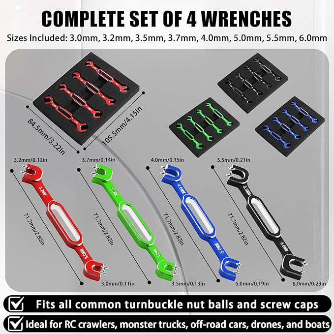 4PCS RC Wrench 3.0/3.2/3.5/3.7/4.0/5.0/5.5/6.0mm Turnbuckle Nut Ball Joint Remover Aluminum Alloy RC Car Repair Tool For RC Crawler Monster Truck Off Road Car Drone Boat Upgrade Parts, Blue