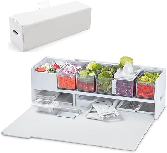 Prepdeck Gen 2 Recipe Prep & Storage Station - 8 Essential Tools + Deluxe Cutting Board, 14 Plastic Containers + Super-Seal Lids, Removable Trash Compartments, Tablet Stand Included - White Stone