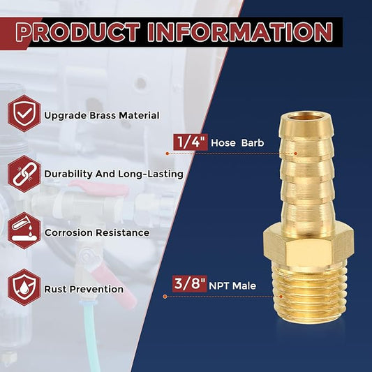 Pack of 8 Brass Hose Barb Fittings 3/8" Hose Barb to 1/4" NPT Male Fittings