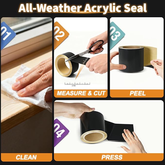 Flashing Tape for Windows and Doors, 3.75 in x 90 ft, 6 Rolls, Acrylic Adhesive, Self-Adhesive Flashing Tape, Waterproof, UV Resistant, Great for Sealing Doors, Windows, and Construction & Repairs