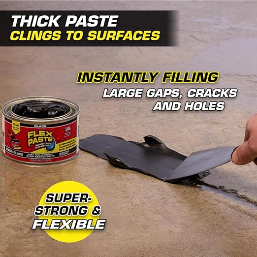 Flex Paste, Waterproof Paintable Putty, Spackle Sealant, Fill Gaps Cracks Holes - Block Out Water and Air - UV Resistant - Walls, Drywall, EPDM, Concrete, Roof, RV Repairs, Black, Half-Quart