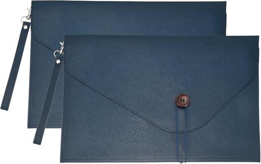 PATIKIL 2Pcs Leather Folder, 14x10 Leather Document Holder File Folder PU Pouch Bag Portfolio File Organizer Handbag Button Personal Envelope Waterproof for Traveling Men Gift, Blue