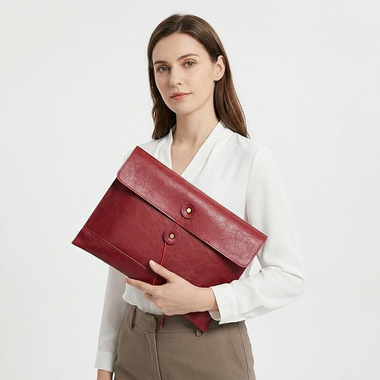Vintage pu Leather 13.5" Certificate File Sleeve Case Business Manila Clutch Envelope Bag Office Documents Folder (Wine red)