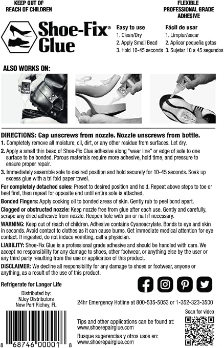 Shoe-Fix Glue Professional Grade Repair Adhesive for All Footwear Instant Bond, Clear Drying, Flexible, & Durable for Heels, Sandals, Boots, Shoes, & More (20g Tube)