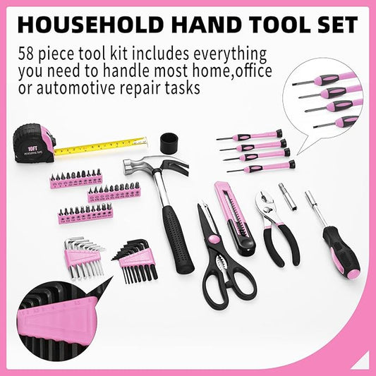 58-Piece Pink Home Tool Set | Basic Household Hand Kit for Women Girls Ladies | All Purpose Small Tool Kit with Storage Toolbox for Home Repair DIY