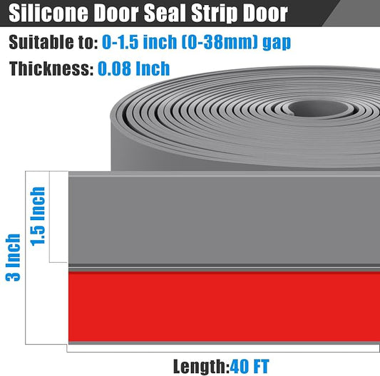 Draft Seal Tape for Doors and Windows 3 in x 40 Ft Silicone Weather Stripping Extra Thick 2mm Door Seal Strip with Strong Adhesive Draft Insulation Stopper Side Seal - Gray