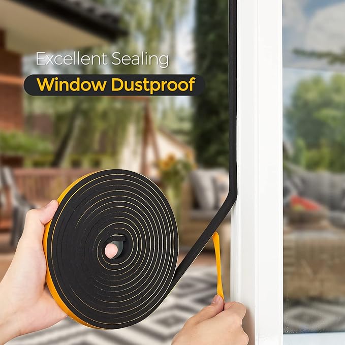 13 Feet Weather Stripping Door Seal, 1/2" Wide X 3/8" Thick Door Seal Strip High Density Foam Tape Adhesive Strip for Door Soundproofing,Window Insulation (1/2" x 3/8" x 13FT,Black)