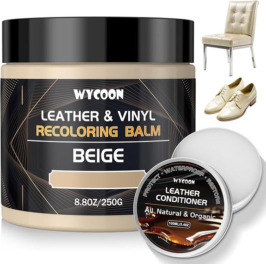 Leather Recoloring Balm with 100ml Mink Oil Conditioner | Beige Repair Kit, Dye & Color Restorer for Furniture, Sofa, Car Seats, Bags | Restore Faded & Scratched Surfaces