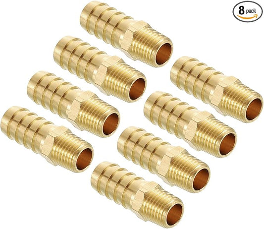 Pack of 8 Brass Hose Barb Fittings Adapter Connector 1/2" Hose Barb to 1/4" NPT Male Fittings for Home Machines, Massage Bathtubs, and Irrigation Systems