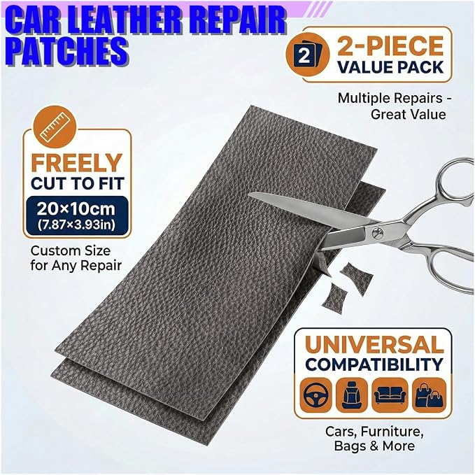 2PCS PU Leather Car Seat Repair Patch, 7.87''×3.93'' Breathable Water-Resistant Repair Tape, Portable Self-Adhesive Vehicle Interior Repairing Tool for Furniture, Couch, Sofa (Gray)