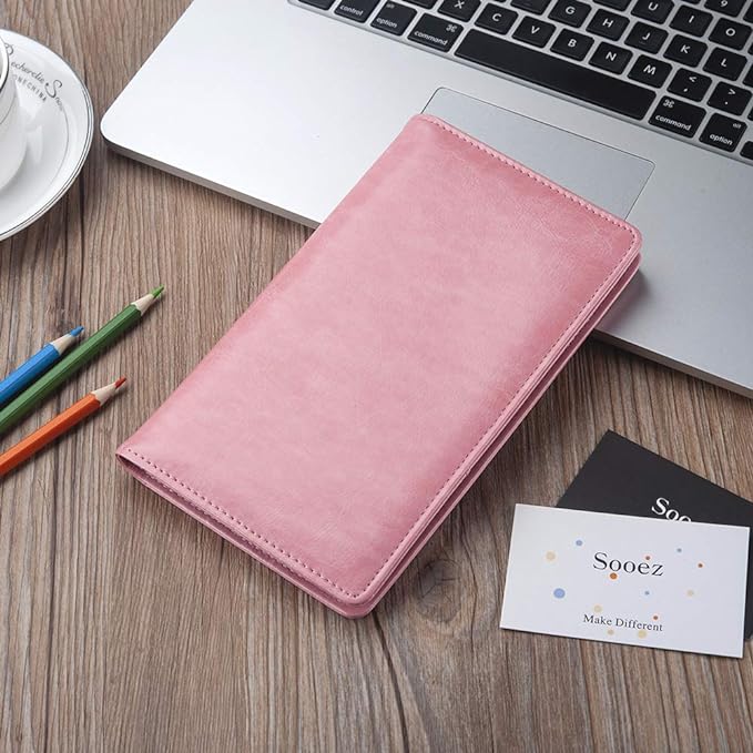 Sooez Leather Professional Business Card Book Holder Organizer, 240 Capacity Credit Card Booklet, PU Name Cards Holder Storage File for Men Women, 7.7"x 4.5" x 0.7", Pink