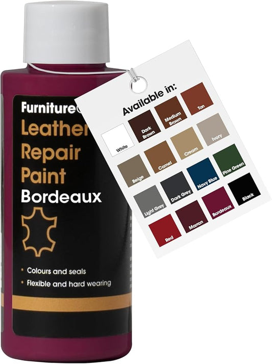Furniture Clinic Leather Repair Paint | 2-in-1 Seal and Color | Use on Scratches, Tears, and Holes in Car Seats, Furniture | Quick and Easy Leather Repair Kit for Furniture (Bordeaux, 50ml / 1.7oz)