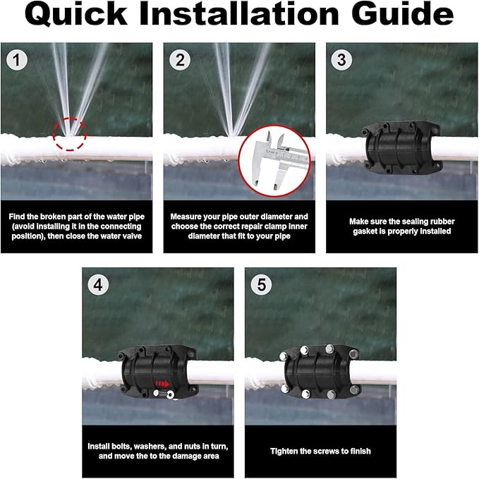 Pipe Repair Clamp 1-1/4 inch, Water Pipe Leak Repair Clamp, Pipe Repair Kit for Plastic and Metal Pipes, Leak Stopper with Anti-Impact, Suitable for Pipes 32MM OD