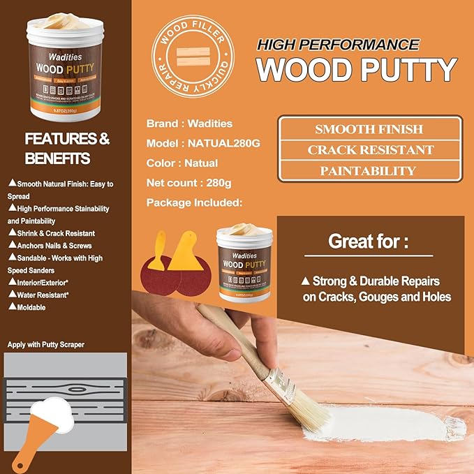 Wadities Natual Wood Filler, Natual Wood Putty, Paintable Stainable Wood Repair Putty, 9.87 Ounce Wood Furniture Repair kit, Quickly Repair Wood Cracks and Holes on Wooden Floor Furniture (Natual)