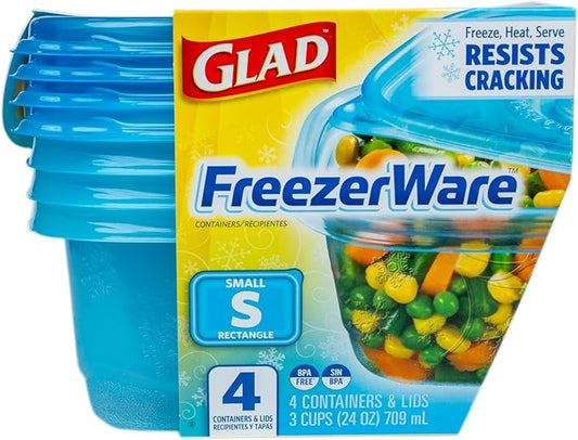 Glad GladWare FreezerWare Food Storage Containers with Lids, Small Rectangle BPA Free Plastic for Freezing Soups and Meal Prep, Crack Resistant, Microwave Dishwasher Safe, 24 Oz, 4 Count - 6 Pack