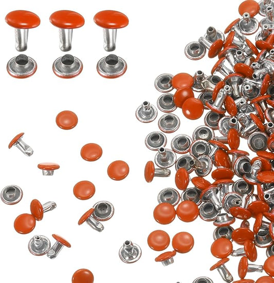 HARFINGTON 100 Sets Double Cap Leather Rivets, 6x6mm Round Cap Tubular Metal Studs Leather Crafting Rivets for Fabric Belt Pet Collar Boot Bag Repair and Decoration, Orange
