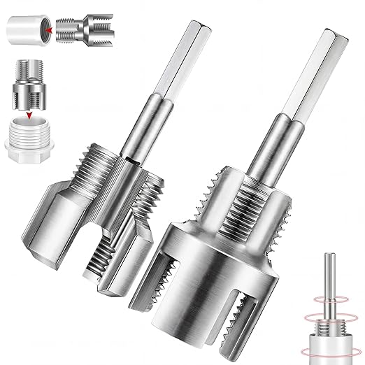 2 Pcs Pipe Thread Cutting Tool Integrated Internal & External Pipe Threading Tool Electric Drill Compatible PVC Tube Threader Kit, 1/2", 3/4", 1'' Tube Sizes Rethreading Kit(2 Sizes, Silver)