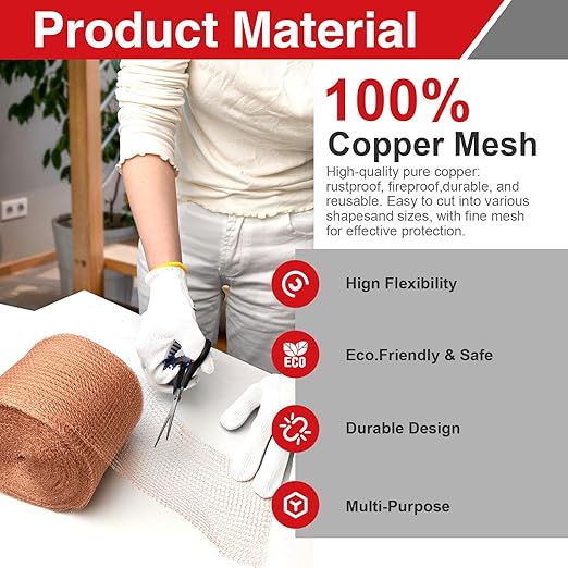 5 Inch×52 ft Copper Mesh Rodent Control, 100% Pure Copper Rustproof Bat Snail Barrier & Sealing Wire for Home, Foundation Gaps, Vent Covers, Gardening with Scissors, Gloves, Trowel