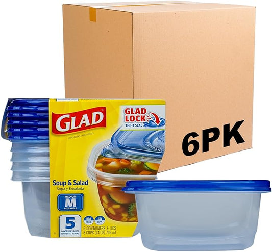 Glad GladWare Medium Rectangle Food Storage Containers with Lids, BPA Free Plastic for Soups Salads and Meal Prep, Airtight Leak Resistant, Microwave Dishwasher Freezer Safe, 24 Oz, 5 Count - 6 Pack