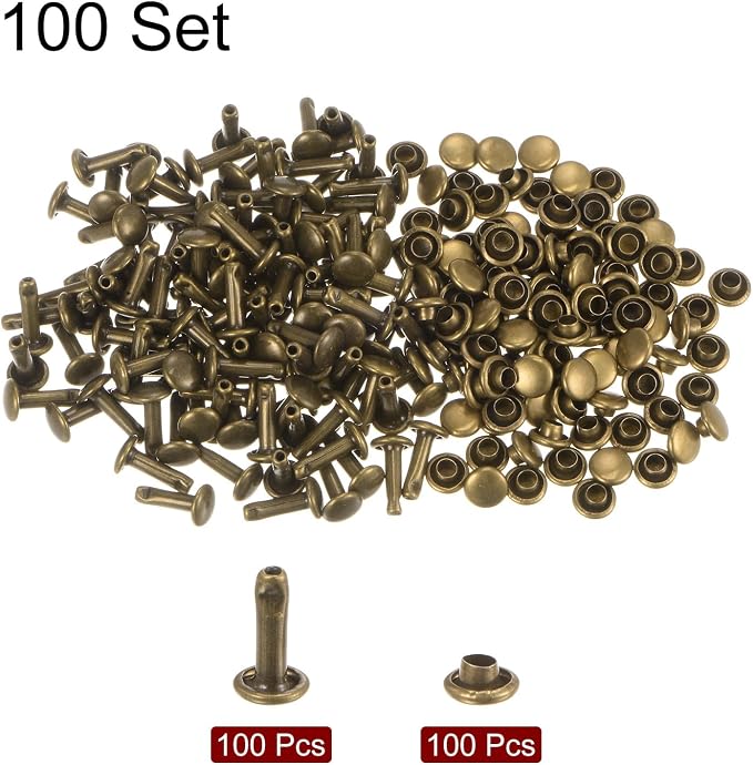 HARFINGTON 100 Sets Leather Rivets 10 x 6mm Metal Double Cap Rivet Snaps Studs Fasteners with 3pcs Setting Tools Rivets for Leather Craft DIY Repair Decoration, Bronze