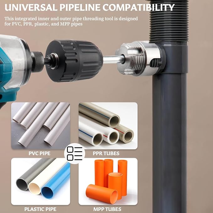 3Pcs Integrated Internal & External Pipe Threading Tool, Bestgle Dual-Function Pipe Thread Cutting Tool for 1/2" & 3/4"& 1" PVC/Plastic Pipes, Electric Drill Compatible Pipe Threader Kit