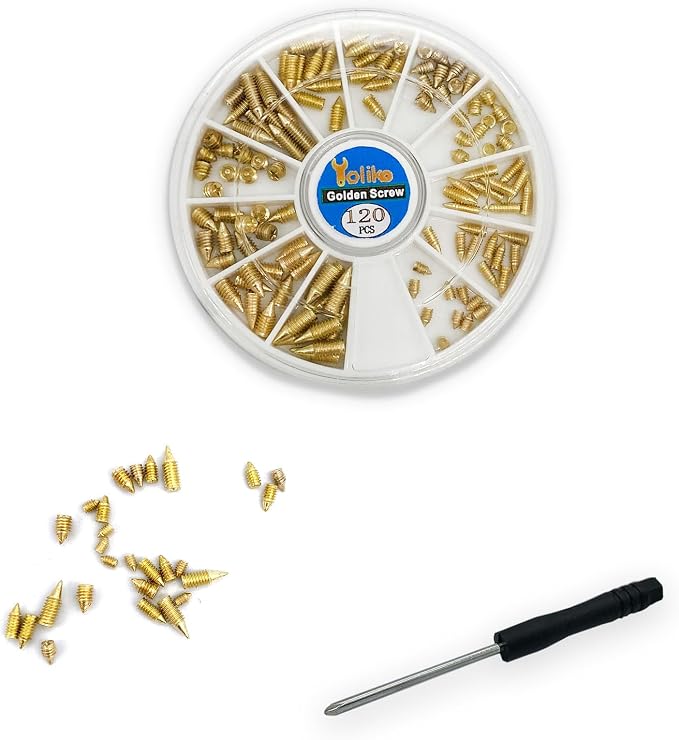 120 pcs Nickel Plated Tip Screws Pointed Cross Slot Leather Accessories 12 Sizes Gold Belt Screws Include M2*3-M2*6, M2.5 * 3-M2.5 * 8, M3*3-M3*8 with 2mm Screwdriver for Belt Buckle Wallet Handbag