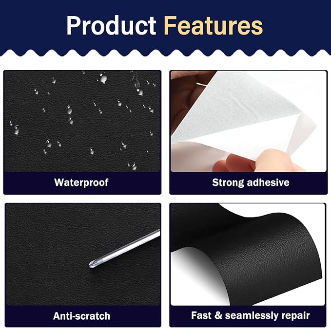 Zenyao Leather Repair Patch Tape - Self Adhesive Leather Repair Kit for Car Seat Furniture, Heavy Duty Vinyl Repair Patch for Couch Sofa, Waterproof for Rips Scratches Tears, 16x60 Inch Roll, Black