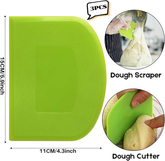 SURDOCA Dough Scraper Bench Scraper - 3P 5.9x4.3" Plastic Flexible Bowl Scraper, Sharp Edge & Angles Cake Scraper. Non-Slip Bakeware Decorating Tools Sculpting & Modeling Tools - Green+Pink+Green