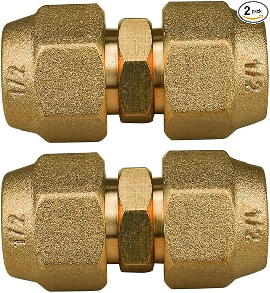 2 Pieces Air Conditioning Copper Pipe Extension Connectors Brass Flare Fitting Nuts 1/2" Butt Copper Tube Fitting with Flare Nut