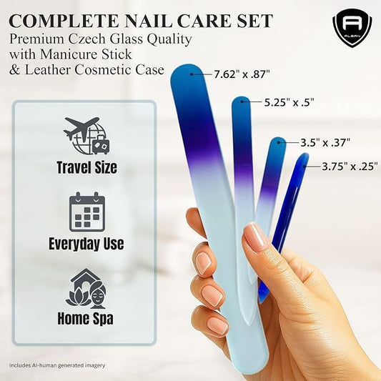 Alban Czech Glass Nail File Set with Manicure Stick & Vegan Leather Cosmetic Case (Royal Blue & Purple Nail Files, Royal Manicure Stick & Light Blue Cosmetic Case)