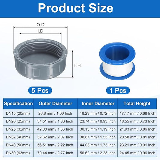 uxcell 5Pcs 2 Inch PT Female Thread PVC Pipe Fitting Cap, Cleanout Water Drain End Caps, Pipe Plug Socket Fittings with Tape for Water Heater Supply Lines, Plumbing, Gray