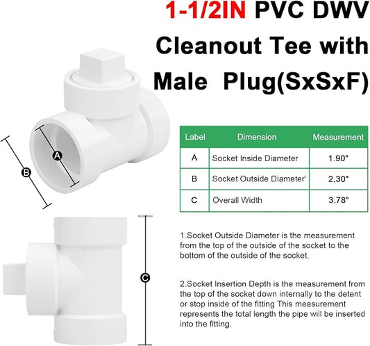 3Pack 1-1/2IN PVC DWV Cleanout Tee with Plug Pipe Fitting (Socket x Socket x FPT) SCH40 1.50IN DWV PVC Sewer Cleanout Tee with NPT Female Cap Cover for pipe, Drain, Waste, Vent