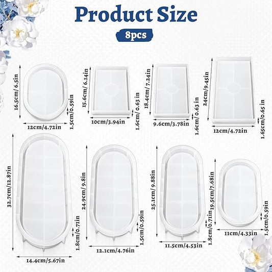 8 Sizes Epoxy Resin Silicone Molds Kit, Rectangular/Oval Resin Art Display Mold, Soft and Easy to Unmold, Silicone Casting Molds, for Soap, Candles, Specimen, Dried Flower, DIY Handicrafts