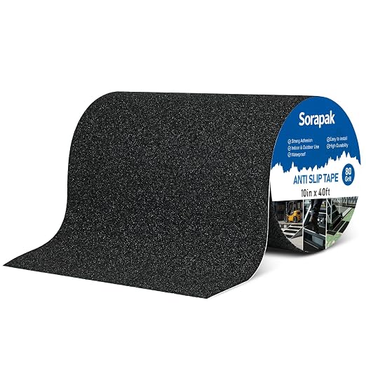 Black Anti Slip Tape 10in x 40ft, 80 Grit Waterproof Non Skid Grip Tape Roll for Ramps, Decks, Boat Decks, Warehouse Floors, Garages, Indoor & Outdoor Use