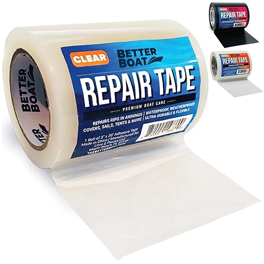 Better Boat Repair Tape for Fabric and Vinyl 30ft x 3in, Clear Waterproof Patch Tape for RV Awning Canvas Tent Tarp Sail Canopy Boat Cover, Heavy Duty