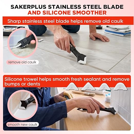 Sakerplus 3-in-1 Silicone Caulking Tools,Caulk Remover Tool and Caulk Finishing Tool Kit with Silicone Smoother,Nozzle Needle for Kitchen Bathroom Window Sink (Classic Black)