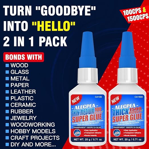 40g(1.4oz) 100/1500 CPS (Thin/Thick) CA Glue, Cyanoacrylate Super Glue for Wood, Glass, Metal, Paper, Leather, Plastic, Ceramic, Rubber, Jewelry, Woodworking, Hobby Models, and Craft Project