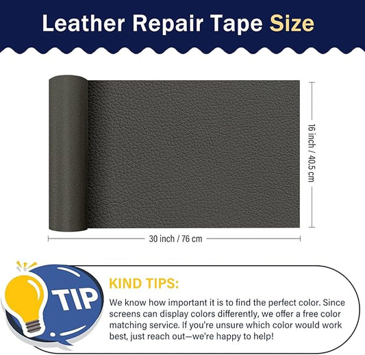 Zenyao Leather Repair Patch Tape - Self Adhesive Leather Repair Kit for Car Seat Furniture, Heavy Duty Vinyl Repair Patch for Couch Sofa, Waterproof Fix for Tears, 12x30 Inch Roll, Dark Grey