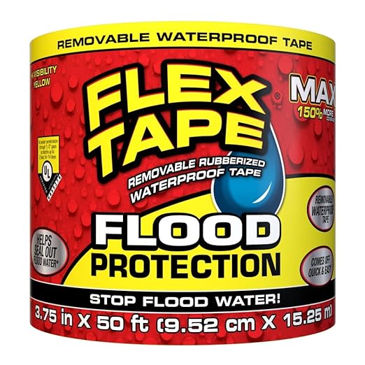 Flex Tape Flood Protection, 3.75 in x 50 ft, MAX, Waterproof Rubberized Tape, Removable, Use on Windows, Doors, Garage Doors, Casings, Thresholds, Conduits, Vents, Ducts