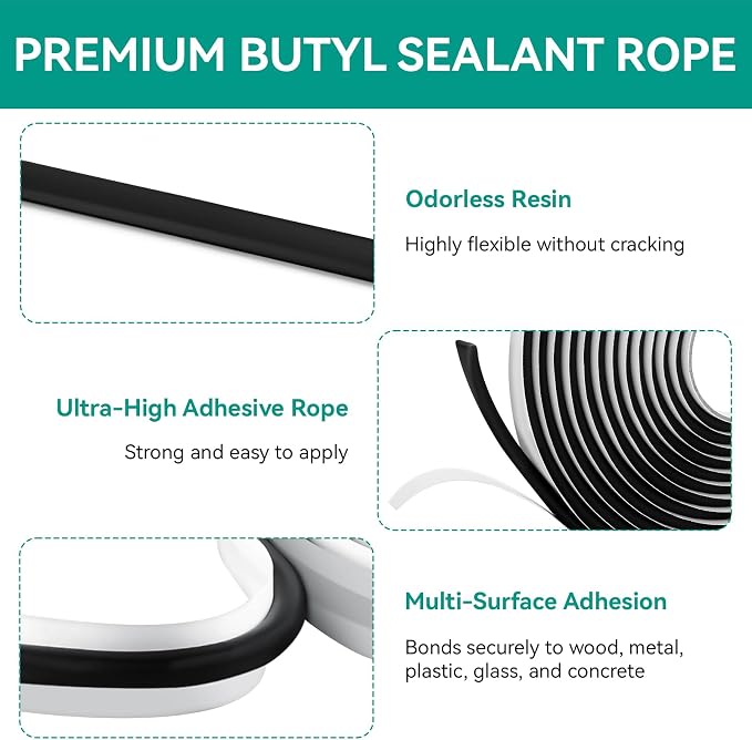 Butyl Sealant Rope for Tuf-Tite and Polylok Septic Tank Risers, 5/16" x 20' Butyl Sealing Tape for Automotive, RV, Marine, Windows, Doors, Windshield