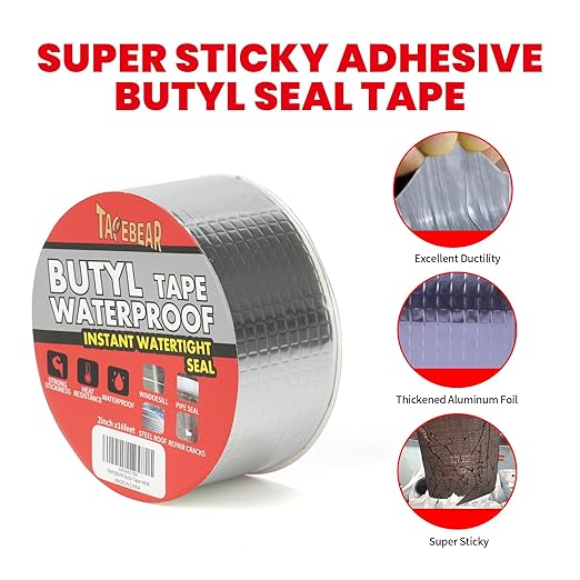 TAPEBEAR Butyl Tape Waterproof Sealing Tape 2inch x16feet, Upgraded Aluminum Foil Tape Heavy Duty for RV Repair, Awning, Window, Glass & EDPM Roof Leak Patching, Boat and Pipe Sealing, Silver