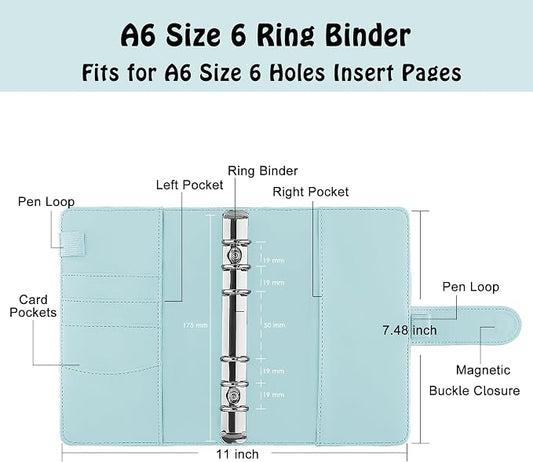 Antner A6 PU Leather Notebook Binder Refillable 6 Ring Budget Binder for A6 Filler Paper, Loose Leaf Personal Planner Binder Cover with Magnetic Buckle, Mint Blue