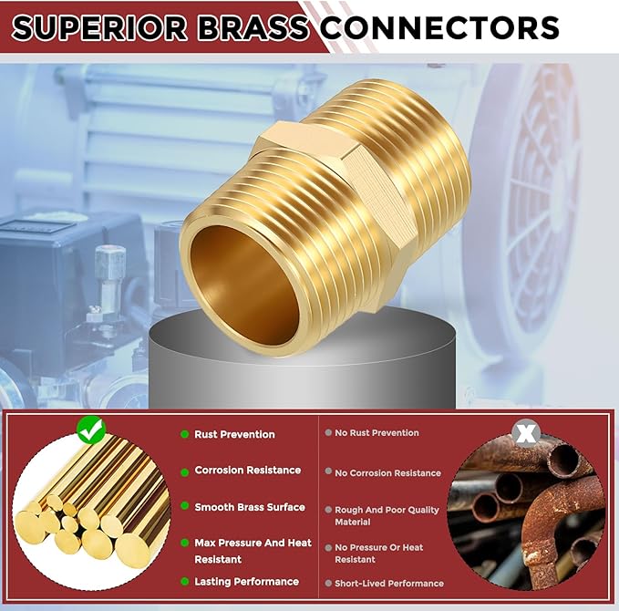 Packs of 10, 3/4" Male NPT to 3/4" Male NPT Solid Brass Hex Nipple Hose Connectors, Male Pipe Adapter for Pipe Leak Repair, Bathroom Remodeling, Tool Extensions, Compression