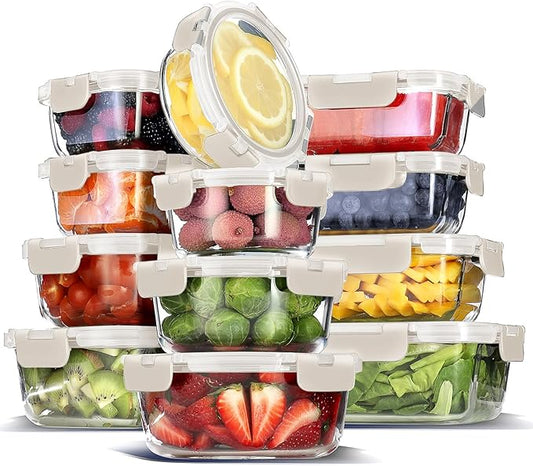 EATEX 24pc Glass Storage Containers with Lids, 12 Glass Food Storage Containers with 12 Airtight Lids for Pantry & Kitchen, Meal Prep Containers for Lunch, Oven Freezer Microwave & Dishwasher Safe