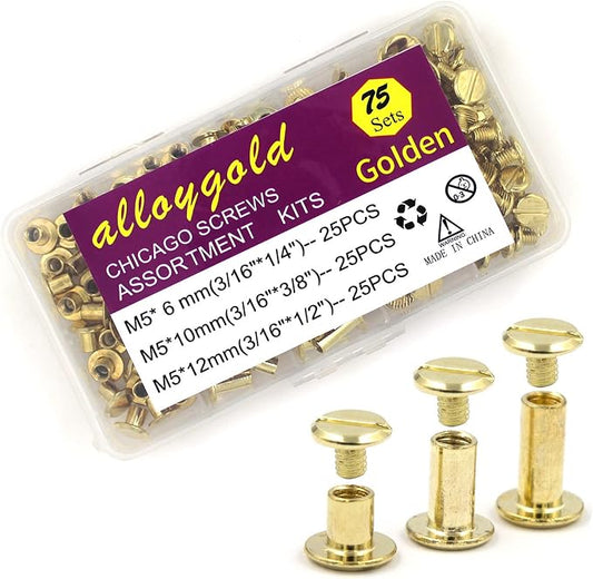 ALLOYGOLD 75 Sets Gold Chicago Screws 1/4 3/8 1/2 Leather Assorted Kit ，3 Sizes of Screw Rivets for Leather Rivet for DIY Belt，Bag Craft and Bookbinding (M5 X 6, 10, 12)