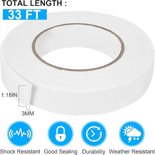 ToLanbbt Double Sided Foam Tape 1.18In x 33FT, Mounting Tape Heavy Duty, Strong Adhesive Weatherproof Seal Strips for DIY Craft Picture Poster, Car & Gap Filling Mountings, Home Office Decor (White)