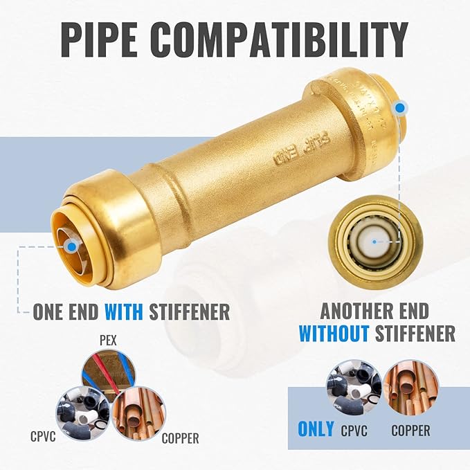 SUNGATOR 3/4 Inch Slip Coupling, Fatest Way for Emergency Repair and Leaks Fix, No Lead Brass Push-to-Connect Plumbing Fittings for PEX Pipe, Copper, CPVC, PE-RT, With 1 Disconnect Clip, Pack of 6